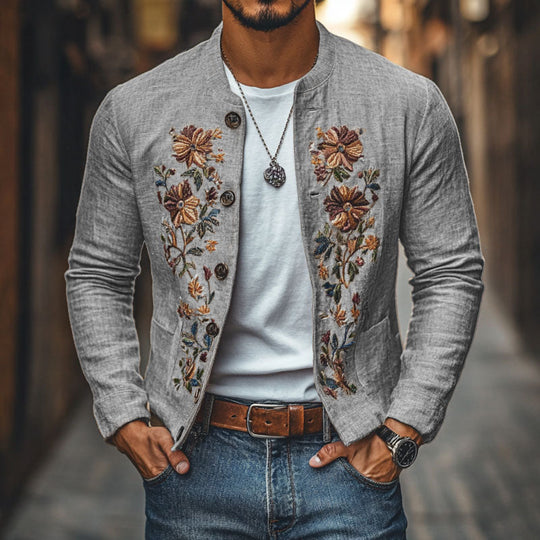 Men's Casual Linen Embroidered Stand Collar Single Breasted Slim Fit Jacket 9923553624248