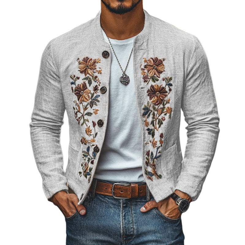 Men's Casual Linen Embroidered Stand Collar Single Breasted Slim Fit Jacket 9923553624248