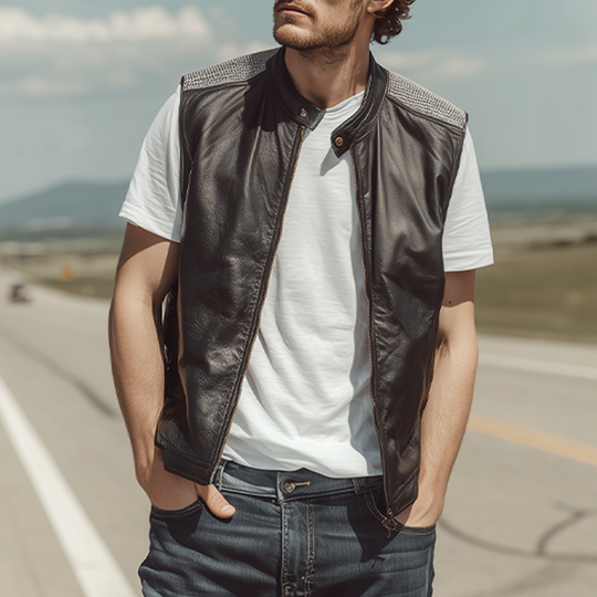Men's Spring And Summer Fashion Casual Shoulder Splicing Mesh Fabric Stand Collar Zipper Leather Vest DTT25071115