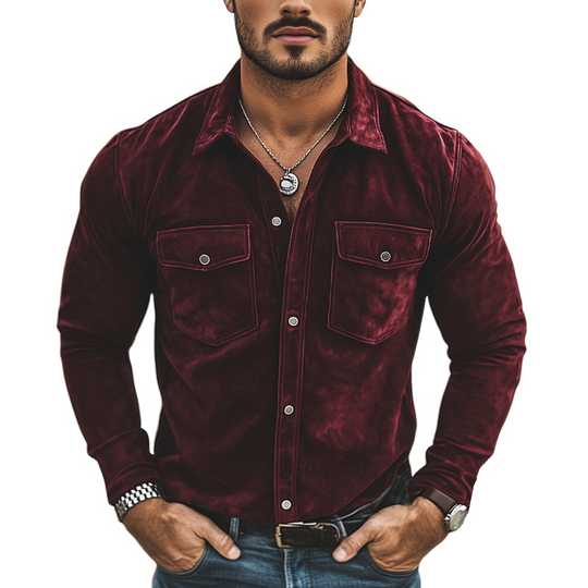 Men's Classic Lapel Button Velvet Long Sleeve Shirt DTT25073008