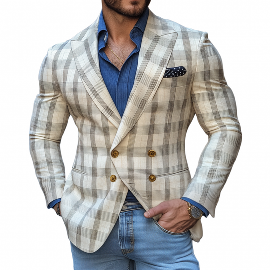 Men's Vintage Elegant Plaid Peaked Lapel Double Breasted Slim Fit Blazer DTT25072306