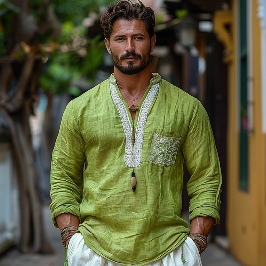 Men's Ethnic Style V Neck Long Sleeve Cotton And Linen Loose Shirt 9899715035320