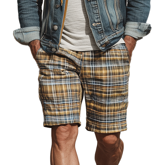Men's Summer Cotton Blend Fashion Check Print Casual Shorts DTT25071715