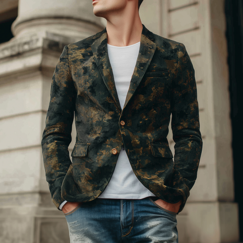 Men's Stylish Vintage Contrast Camouflage Corduroy Notch Lapel Single-breasted Slim-fit Blazer DTT25081310