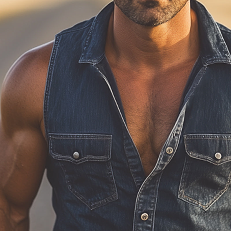 Men's Summer Western Cowboy Style Vintage Denim Sleeveless Shirt DTT25060406