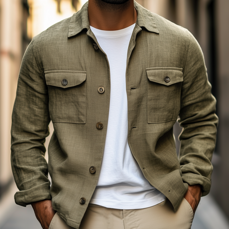 Men's Casual Solid Color Cotton Linen Blend Lapel Flap Chest Pocket Loose Shirt Jacket DTT25081308