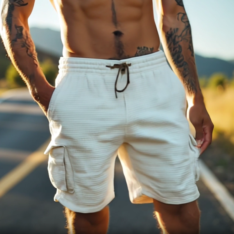 Men's Classic Casual Tough Style Waffle Elastic Waist Multi-pocket Cargo Shorts DTT25060317