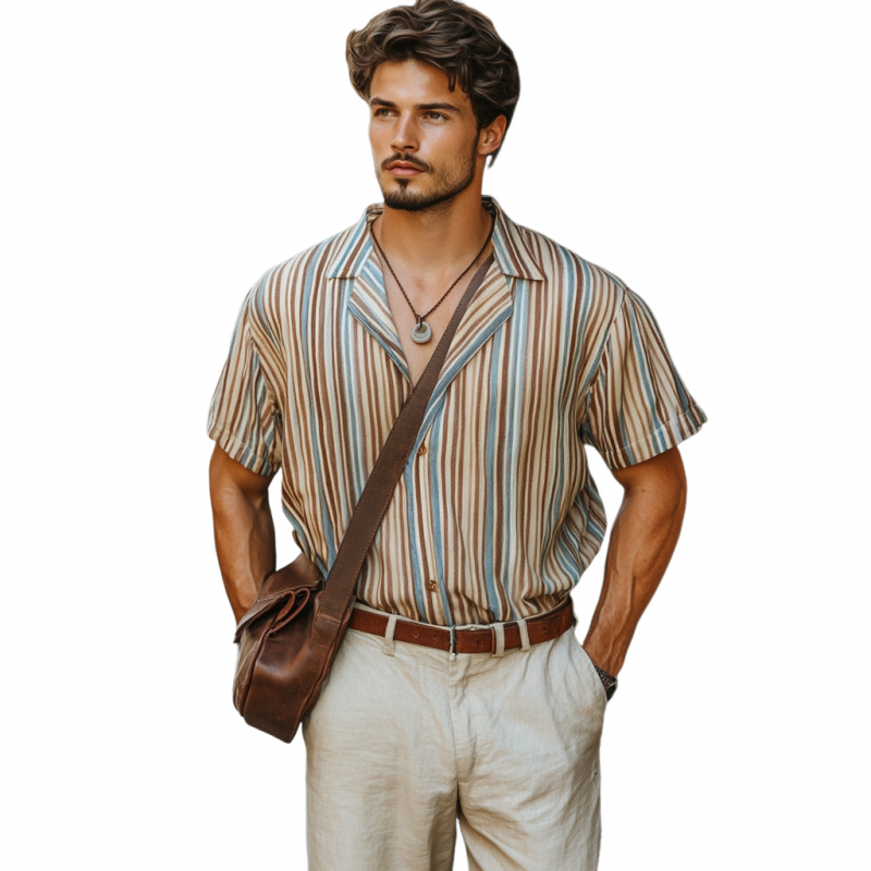 Men's Casual Colorful Striped Digital Print Cuban Collar Loose Short Sleeve Shirt DTT25060302