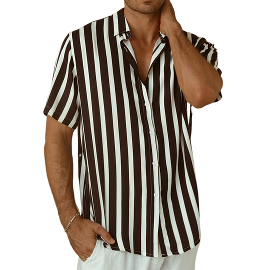 Men's Classic Casual Contrast Color Vertical Striped Cotton Blend Short Sleeve Shirt DTT25071703