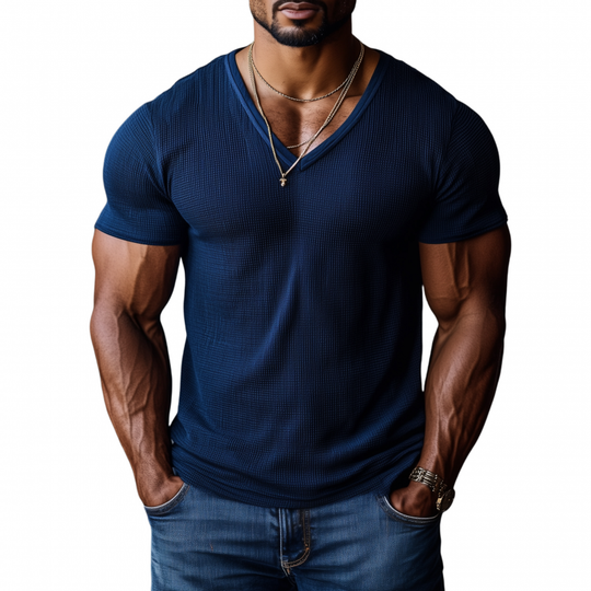 Men's Casual Sports Breathable Waffle V-neck Tight Short-sleeved T-shirt DTT25072417