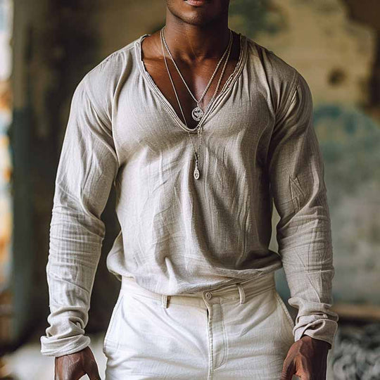 Men's Casual Cotton V-neck Long Sleeve T-shirt 9894194643128