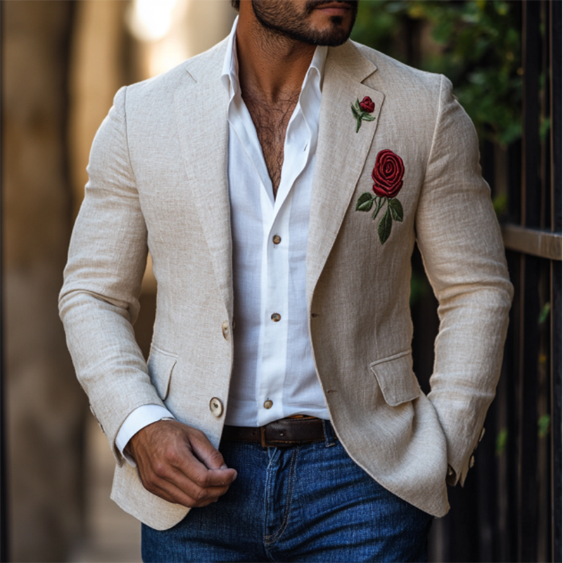 Men's Casual Slim Fit Rose Embroidered Linen Blazer 9892391944376