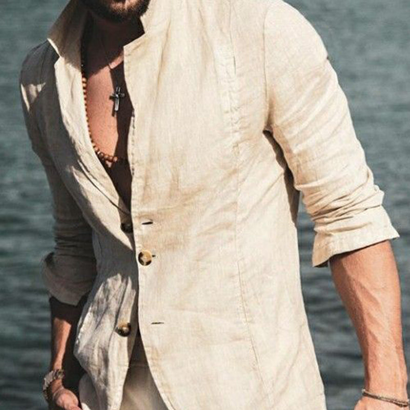 Men's Vintage Linen Notched Lapel Three Button Blazer 9901327319224
