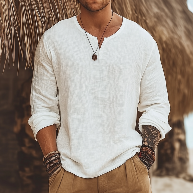 Men's Casual Solid Color Breathable Cotton Bubble Wrinkled V-neck Loose Long-sleeved T-shirt DTT25070210