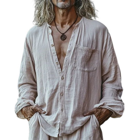 Men's Casual Cotton Linen Round Neck Single-breasted Loose Long-sleeved Shirt 9902010138808
