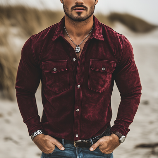 Men's Classic Lapel Button Velvet Long Sleeve Shirt DTT25073008