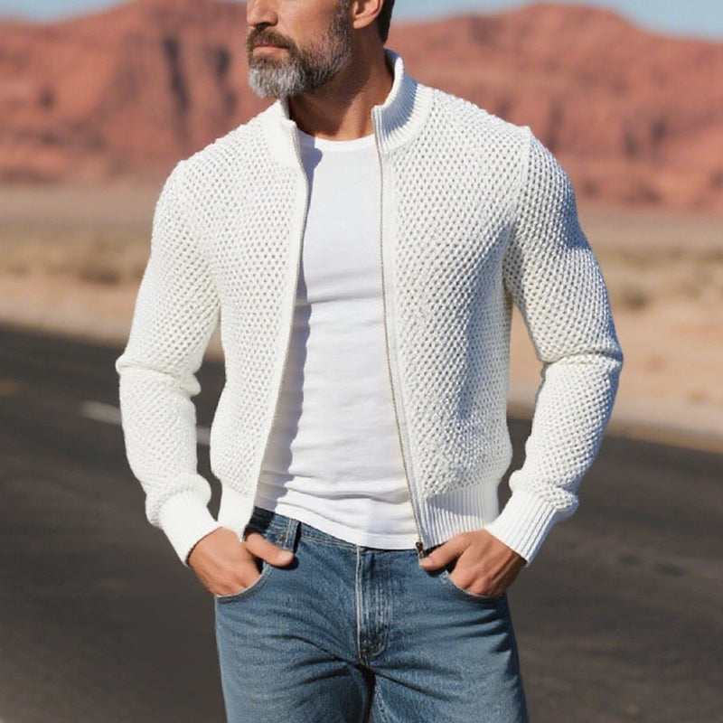 Men's Stand Collar Long Sleeve Hollow Out Knitted Zip Up Jacket Dtt606081720