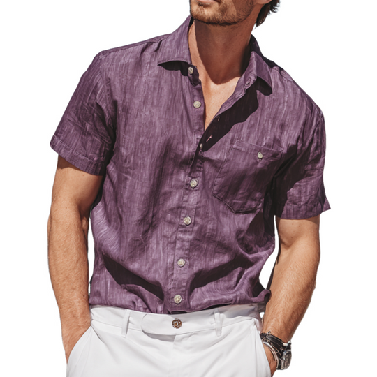 Men's Casual Breathable Cotton Linen Lapel Patch Pocket Loose Short-sleeved Shirt DTT25070217