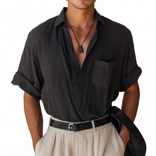 Men's Casual Breathable Cotton Linen Lapel Patch Pocket Loose Short Sleeve Shirt DTT25061616