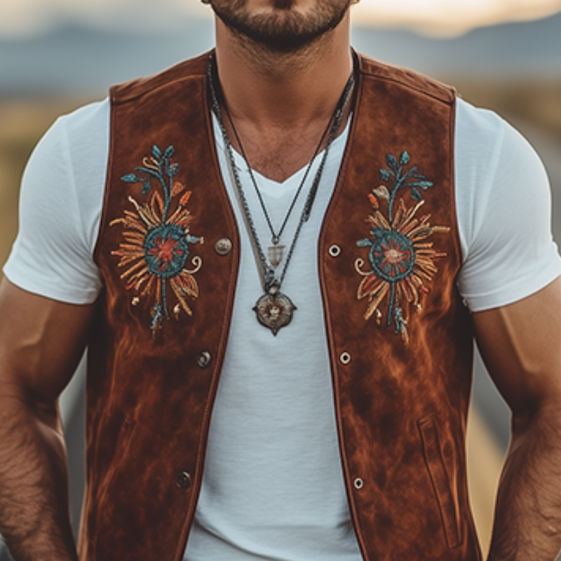 Men's Classic Retro Western Cowboy Suede Embroidered Vest 9909010464952