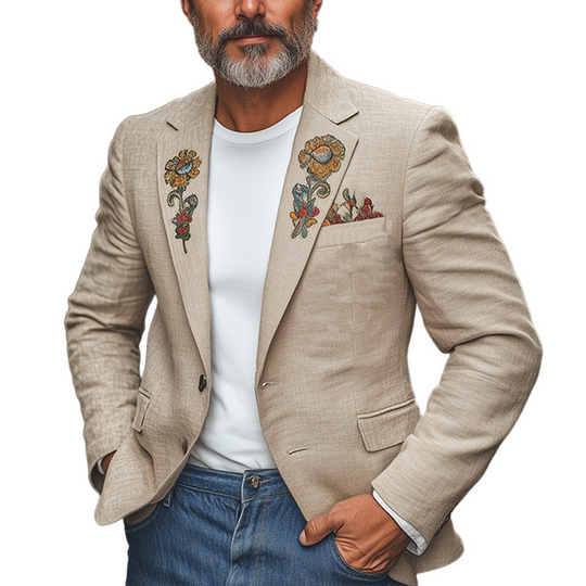 Men's Classic Casual Spring Thin Cotton And Linen Embroidery Slim Fit Single Breasted Blazer DTT25061017