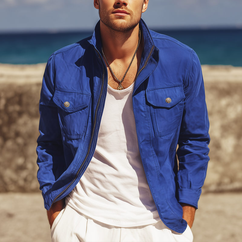 Men's Classic Klein Blue Stand Collar Zip-Up Jacket DTT25081104