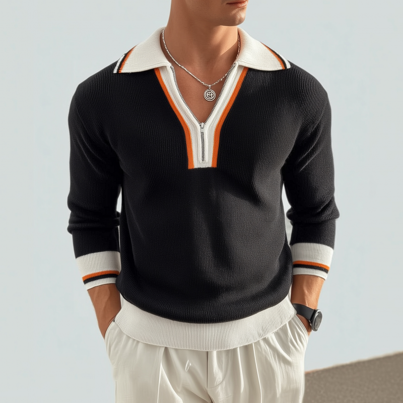 Men's Casual Contrast Color Zipper Lapel Slim Fit Knitted Long Sleeve Polo Shirt DTT25080401
