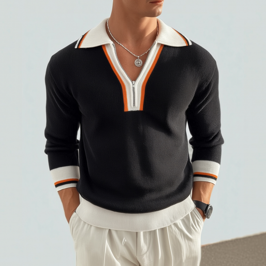 Men's Casual Contrast Color Zipper Lapel Slim Fit Knitted Long Sleeve Polo Shirt DTT25080401