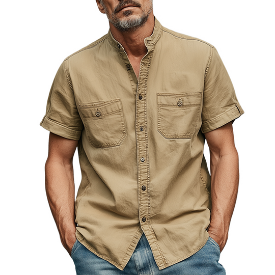 Men's Summer Casual Cotton Blended Washed Stand Collar Short Sleeve Shirt DTT25070311