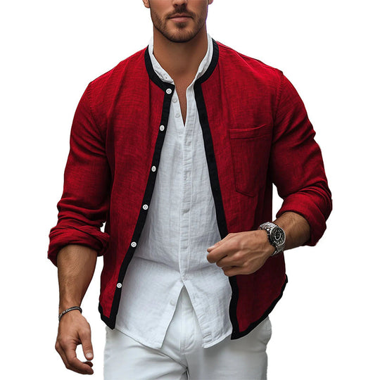 Men's Contrast Linen Panel Single Pocket Shirt Jacket 9904641114296