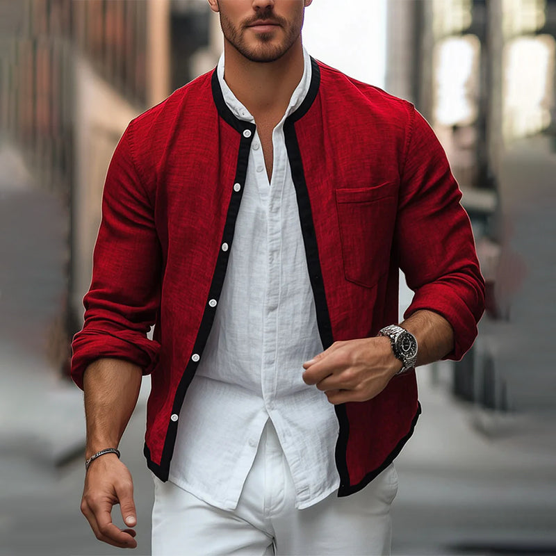 Men's Contrast Linen Panel Single Pocket Shirt Jacket 9904641114296