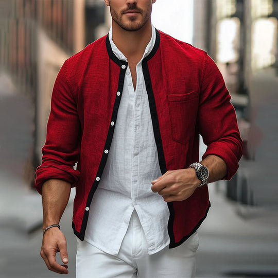 Men's Contrast Linen Panel Single Pocket Shirt Jacket 9904641114296