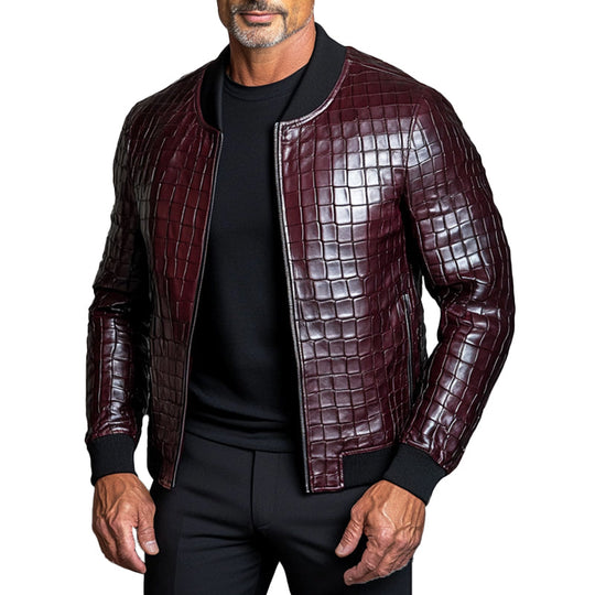 Men's PU Leather Crocodile Stand Collar Zip Up Jacket 9899606933688