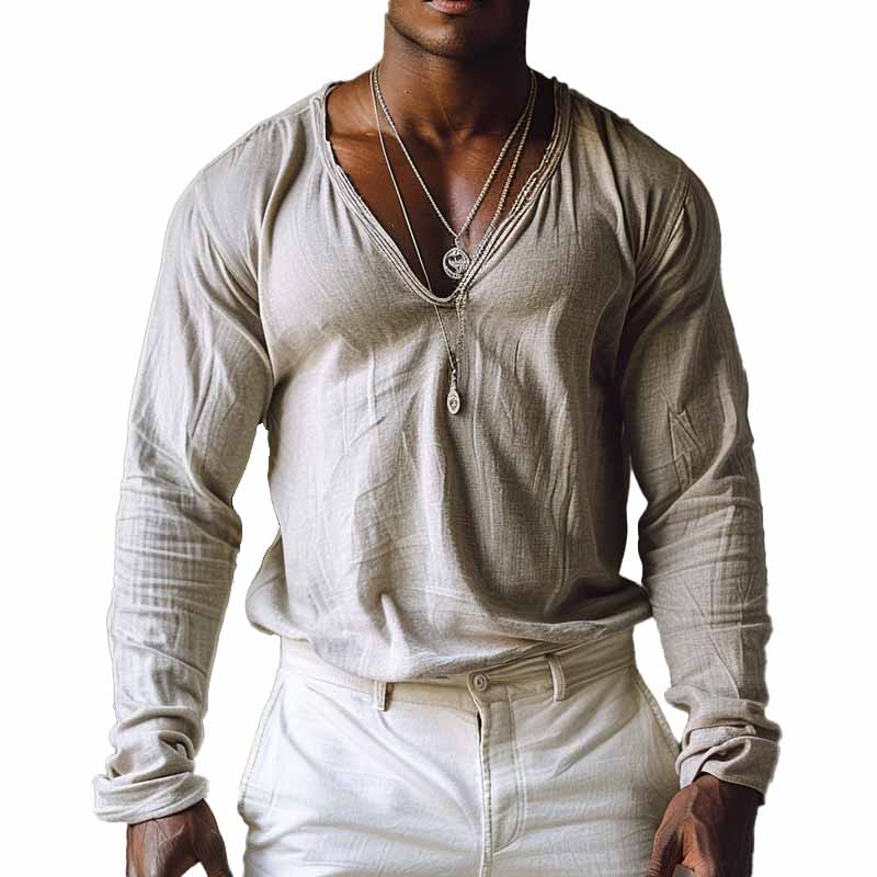 Men's Casual Cotton V-neck Long Sleeve T-shirt 9894194643128