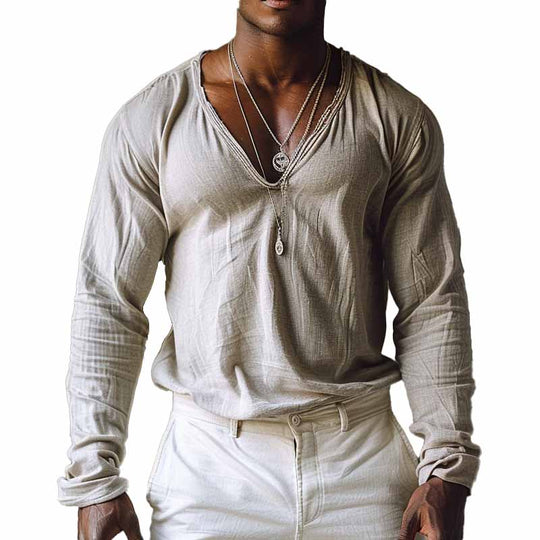 Men's Casual Cotton V-neck Long Sleeve T-shirt 9894194643128