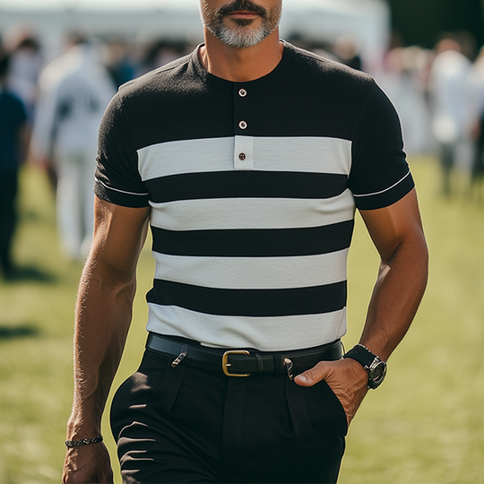 Men's Spring And Summer Fashion Casual Henley Collar Slim Fit Horizontal Striped Knitted Short Sleeve T-shirt DTT25060606