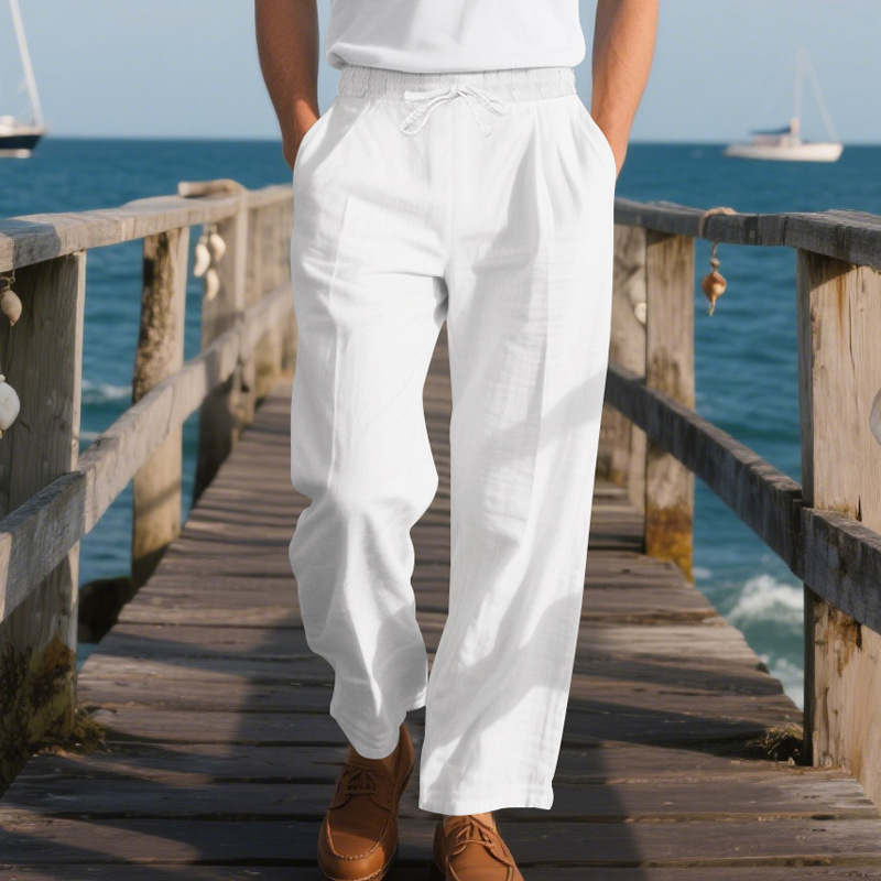 Men's Cotton And Linen Solid Color Elastic Waist Casual Pants DTT25072814