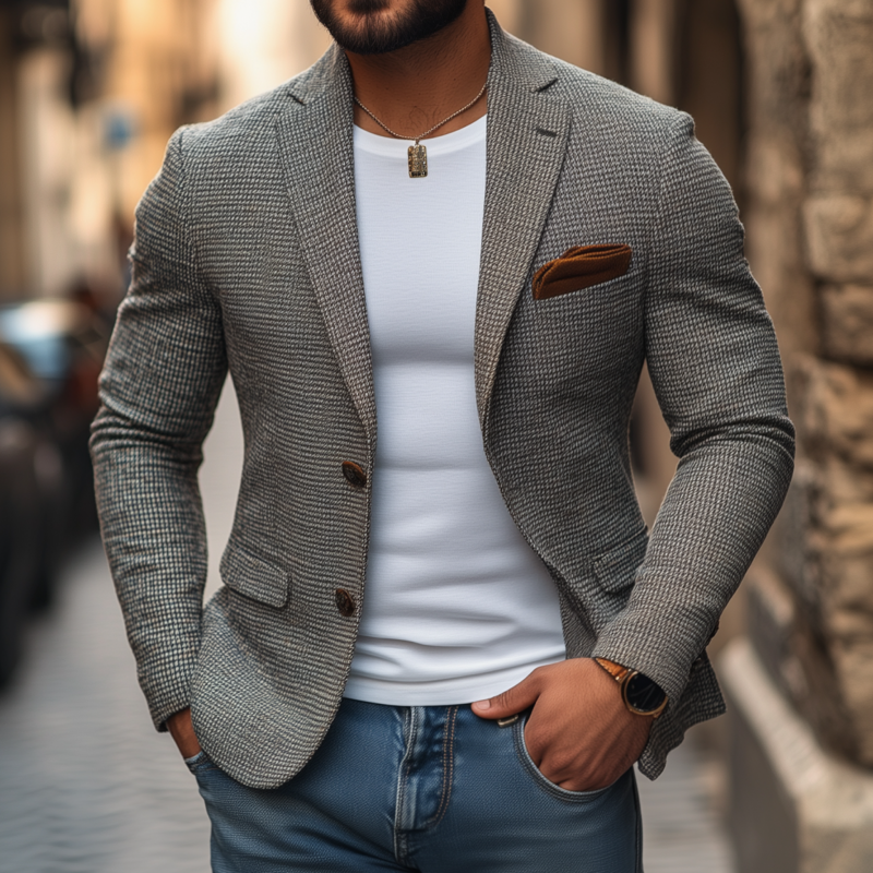 Men's Stylish Houndstooth Notch Lapel Single-breasted Slim-fit Short Blazer DTT25072305