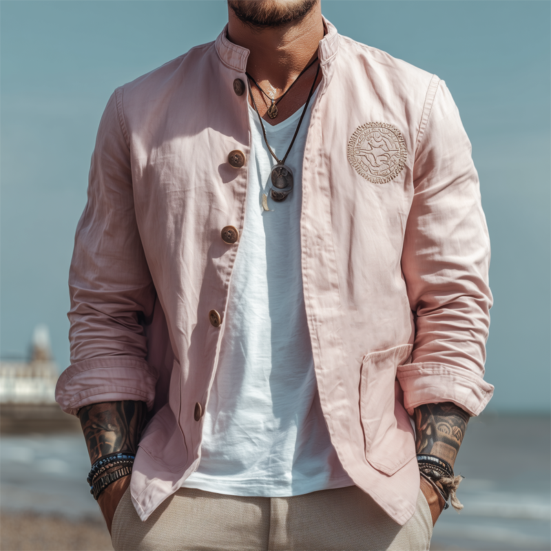 Men's Spring And Autumn Stand Collar Cotton Embroidered Button Jacket DTT25081209