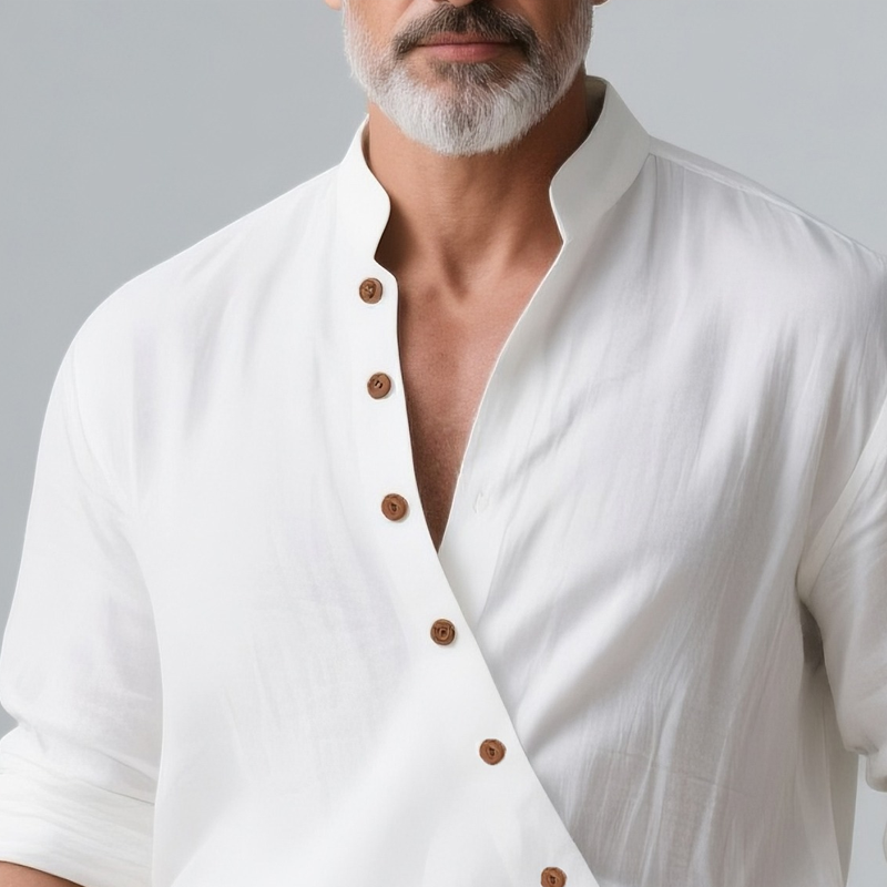 Men's Solid Color Cotton And Linen Slanted Placket Long Sleeve Shirt DTT25073110