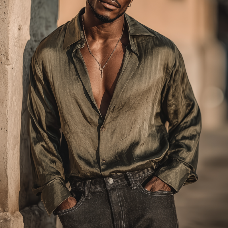 Men's Vintage Elegant Solid Color Tencel Blended Lapel Loose Long Sleeve Shirt DTT25072424