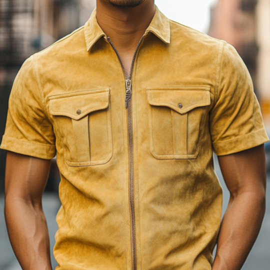 Men's Retro Casual Slim Lapel Multi-Pocket Suede Short Sleeve Shirt 9903595487416