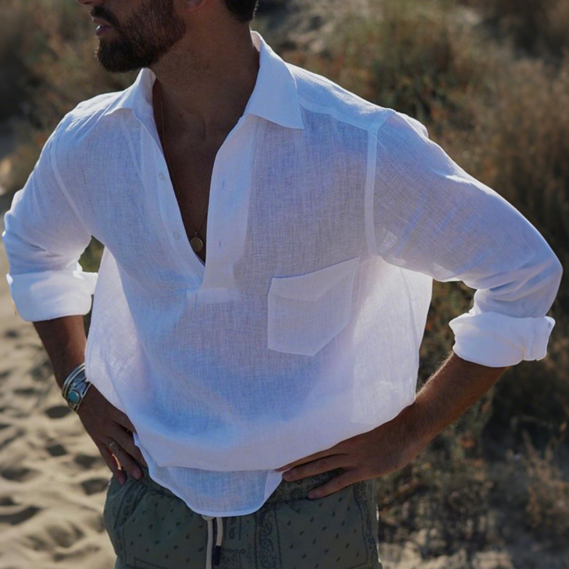 Men's Casual Solid Color Breathable Linen Button-up Lapel Patch Pocket Loose Long Sleeve Shirt DTT25070914