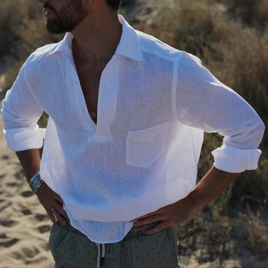 Men's Casual Solid Color Breathable Linen Button-up Lapel Patch Pocket Loose Long Sleeve Shirt DTT25070914