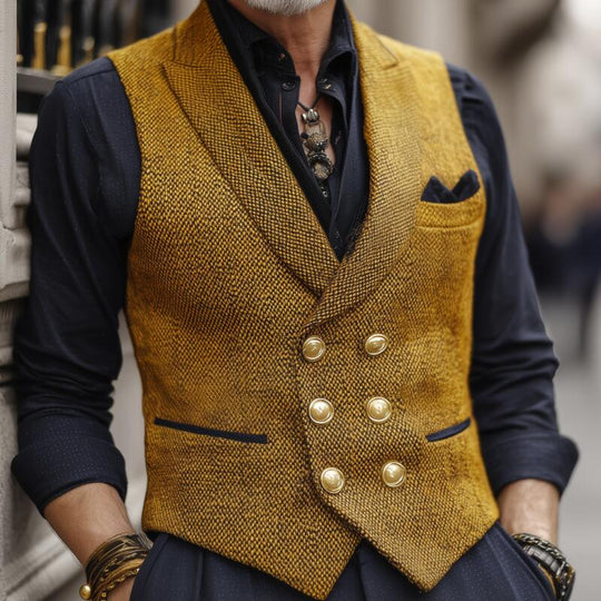 Men's Vintage Tweed Peak Lapel Double-Breasted Slim-Fit Suit Vest DTT25082911