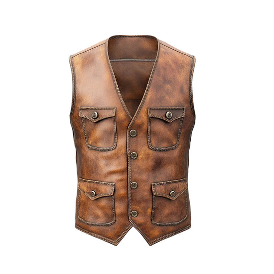 Men's Retro V Neck Button Multiple Pockets PU Leather Vest 9913235374264