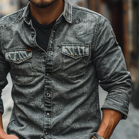 Men's Vintage Single Breasted Lapel Denim Long Sleeve Shirt 9894195134648