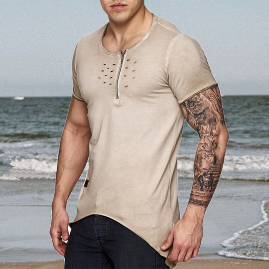 Men's Casual Round Neck Zipper Cotton Slim Short Sleeve T-Shirt 9893977424056