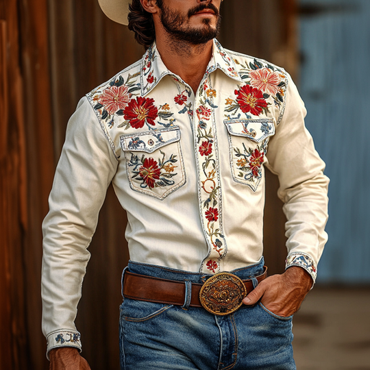 Men's Western Cowboy Style Embroidered Lapel Chest Pocket Long Sleeve Cotton Shirt 9905398579384