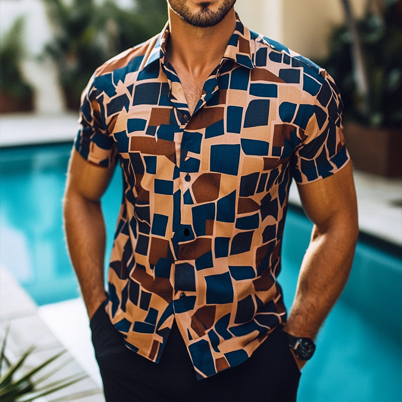 Men's Retro Casual Geometric Print Lapel Short Sleeve Shirt 9911546478776